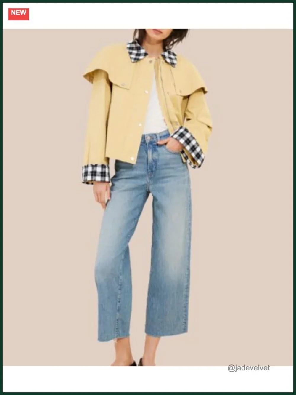 Women's Cropped Trench Coat Lightweight Cape Jacket Gingham Trim Long Sleeve